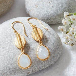 Moonstone Gold Coffee Bean Teardrop Earrings, White gemstone Gold Earrings, June Birthstone Earrings, Egyptian Style Gold Vermeil