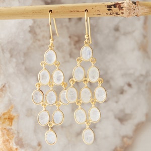 Moonstone Chandelier Earrings, Gemstone Gold Chandelier Earrings, Rainbow Moonstone Statement Earrings, June Birthstone