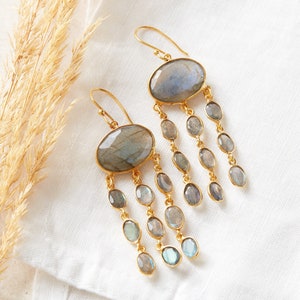 Labradorite Jellyfish Gold Chandelier Earrings, Grey Iridescent Gemstone Earrings, Dangly Earrings, February Birthstone