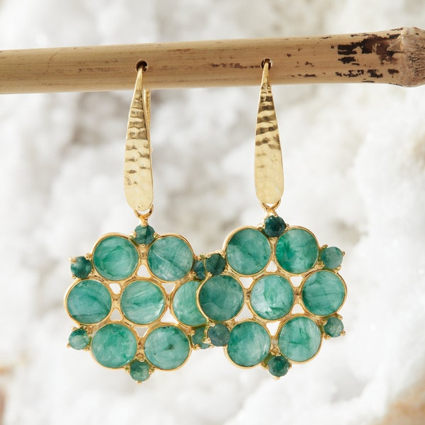 Emerald Mandala Gemstone Earrings, 18K Gold Plated Earrings, Multi-Gemstone Earrings, Green Gemstone Earrings, May Birthstone