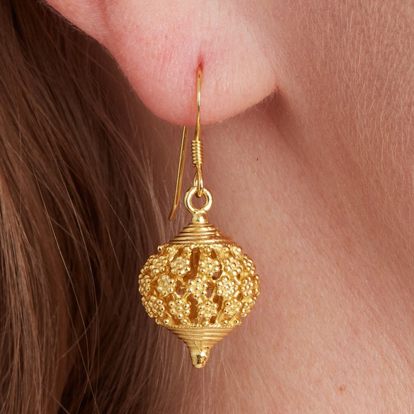 Gold Filigree Ball Drop Earrings, 18K Gold Plated Sterling Silver, Ethnic Design Dangly Earrings