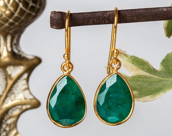 Emerald Drop Earrings, Teardrop Emerald and Gold Vermeil Earrings,  Gemstone Drop Earrings, May Birthstone Jewellery