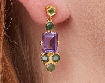 Emerald Amethyst and Gold Plated Dangly Stud Earrings, 18K Gold Plated Sterling Silver, May Birthstone Jewellery, February Birthstone