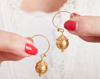 Gold Hoop Ball Earrings, 18K Gold Plated Sterling Silver, Boho Gold Hoop Earrings