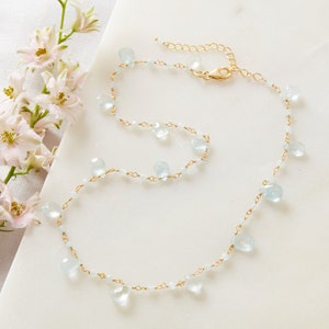Aquamarine Bead Short Chain Necklace, 18K Gold Plated Sterling Silver, March Birthstone Jewellery, Collar Necklace, Pale Blue Bead Necklace image 1