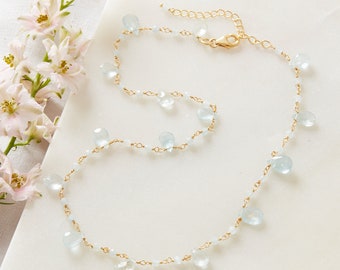 Aquamarine Bead Short Chain Necklace, 18K Gold Plated Sterling Silver, March Birthstone Jewellery, Collar Necklace, Pale Blue Bead Necklace