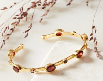 Garnet Gemstone Open Bangle, Garnet Multi Gemstone Bangle, Garnet Gold Plated Bangle, Red Gemstone Cuff Bracelet, January Birthstone