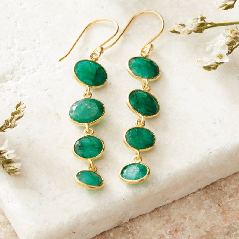 Garnet Gemstone Pebble Earrings, Red Gemstone Drop Earrings, 18K Gold and Silver, Deep Red Gemstone Long Drops Emerald