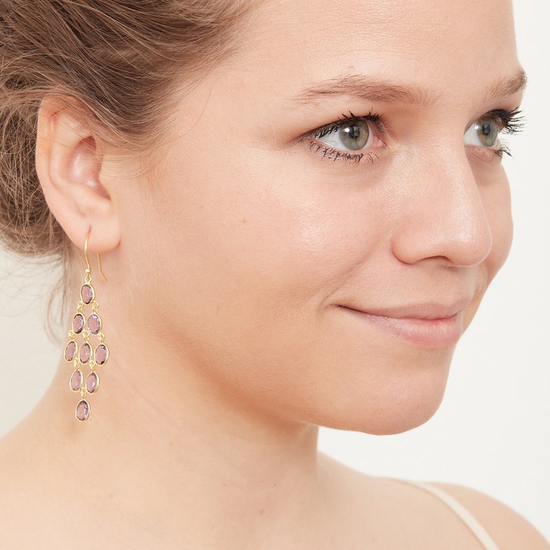 Amethyst statement earrings Gemstone gold chandelier earrings February birthstone Amethyst chandelier earrings Purple gemstone earrings