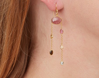 Pink Tourmaline with Diamond Slice Dangly Earrings, October Birthstone Earrings, 18K Gold Plated Sterling Silver, Bridesmaid Earrings