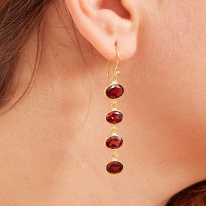 Garnet Gemstone Pebble Earrings, Red Gemstone Drop Earrings, 18K Gold and Silver, Deep Red Gemstone Long Drops image 3