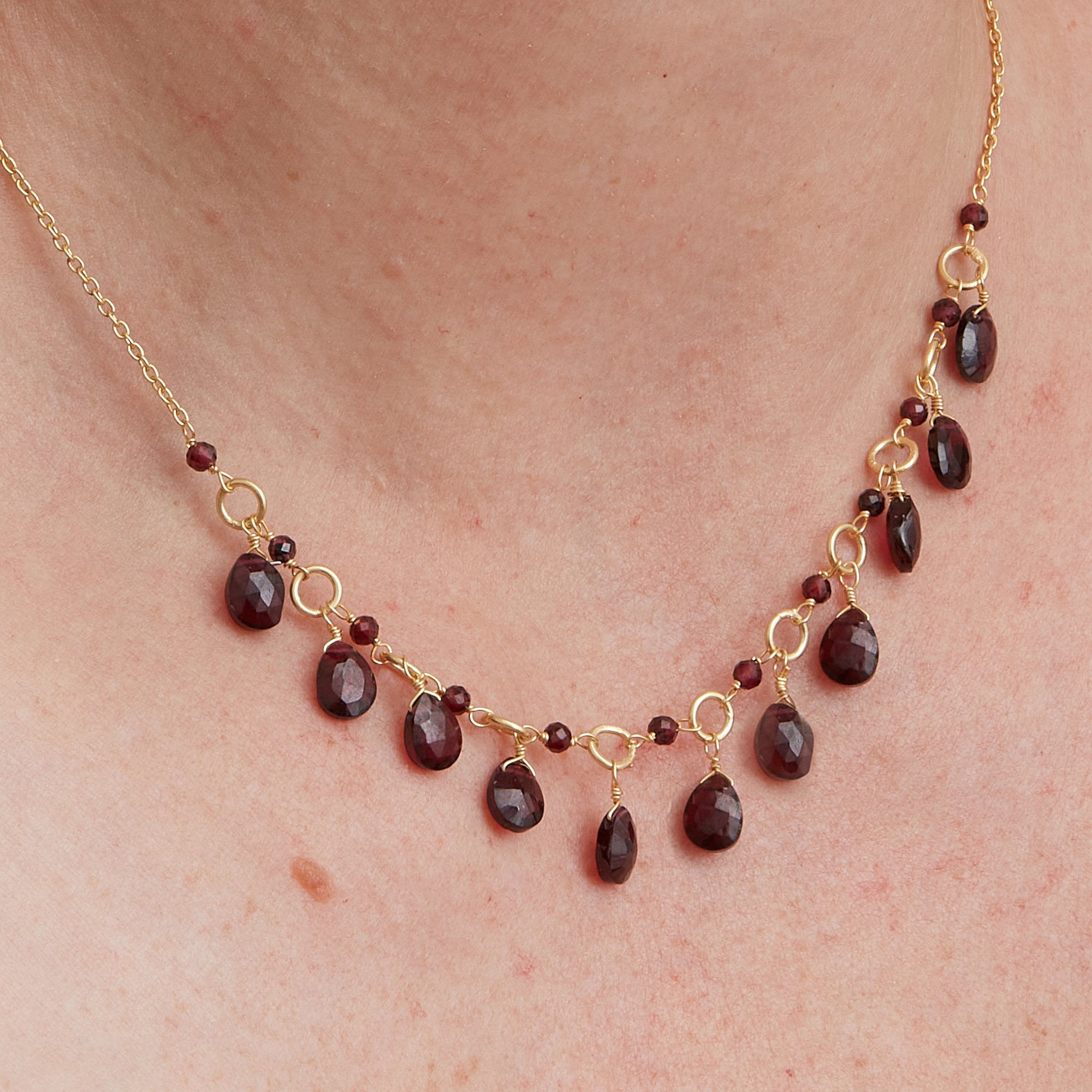 Garnet Teardrop and Beaded Gold Chain Short Necklace, Garnet