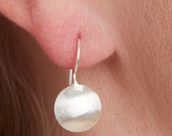 Silver Button Shaped Drop Earrings, Satin Finish Silver Hook Earrings, Minimalist Earrings