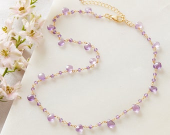 Amethyst Bead Short Chain Necklace, 18K Gold Plated Sterling Silver, February Birthstone Jewellery, Purple Bead and Gold Necklace