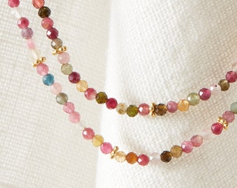 Multicoloured Tourmaline and Gold Beaded long Layering Necklace, Multicoloured beaded long necklace, Layering necklace, 18K Gold and Silver