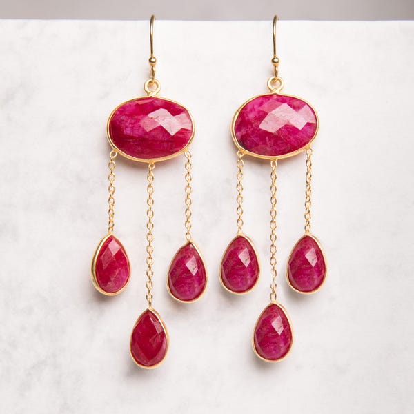 Ruby Gold Dangly Chain Earrings, Red Long Drop Earrings,  18K Gold and Silver Earrings, July Birthstone Earrings