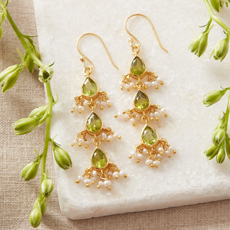 Green Peridot and Seed Pearl Drop Earrings, 18K Gold Plated Sterling Silver, Bridal Jewellery, August shops Birthstone Jewellery, Green Earrings
