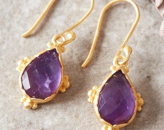 Purple Amethyst Teardrop Cut gemstone and Matt Gold Drop Earrings, 18K Gold and Silver,  Purple gemstone Drops, February Birthstone