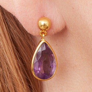 Amethyst Teardrop Earrings: Gold Plated Ball Stud, February Birthstone