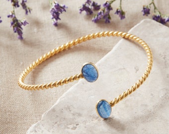 Kyanite Gemstone and Gold Plated Silver Twisted Band Adjustable Bangle, Twisted Gold Bracelet with Kyanite, Blue and Gold Bangle