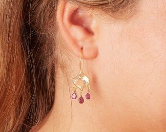 Ruby Citrine and Gold Cut Stone Dangly Drop Earrings, 18K Gold and Silver, July Birthstone, November Birthstone
