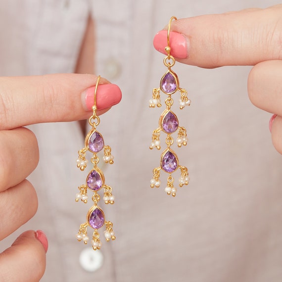 Amethyst Earrings Teardrop Shape Gold-plated Sterling Silver Amethyst Earrings Teardrop Shape Gold-plated Sterling Silver