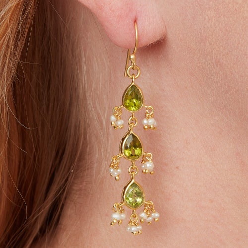 Green Peridot and Seed Pearl Drop Earrings, 18K Gold Plated Sterling Silver, Bridal Jewellery, August shops Birthstone Jewellery, Green Earrings