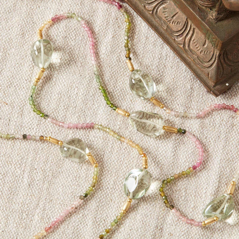 Tourmaline and Green Amethyst Layering Necklace, Tourmaline Beaded Long Layering Necklace, Multicoloured Tourmaline Beads Green Amethysts image 1