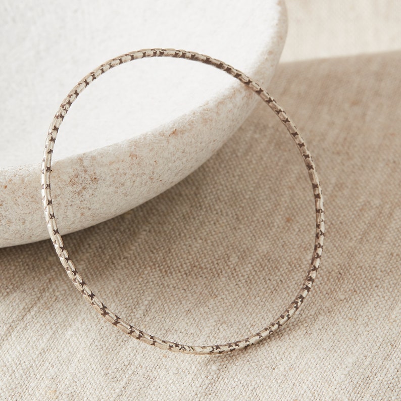 Textured Silver Skinny Stacking Bangle, Solid Silver Bangle Textured