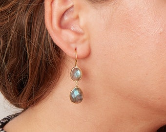 Labradorite Pebble Oval Double Drop Earrings, 18K Gold and Silver,  March Birthstone, Grey iridescent gemstone earrings