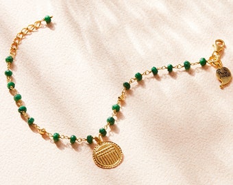 Emerald Beaded Indian Bracelet, Indian Amulet Bracelet, Gold Gemstone Friendship Bracelet, May Birthstone Jewellery, Green beads, Bracelet
