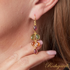Colourful Tourmaline Drop Earrings- Gold Dangle Earrings with Mixed Tourmaline stones? Leaf style multicolour Tourmaline dangly earrings