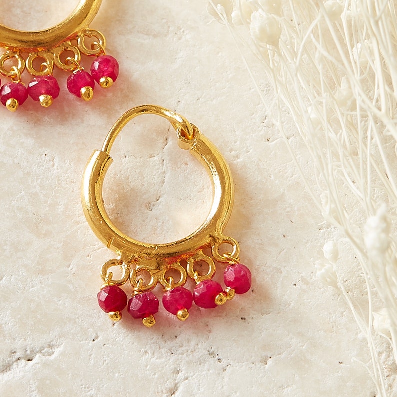 Beaded Pearl Huggie Hoop Earrings, Seed Pearl Hoops, Small Hoop Earrings, June Birthstone Jewellery, 18K Gold Vermeil, Wedding Jewellery Ruby