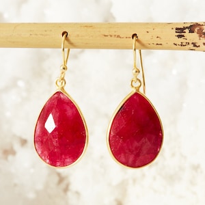 Ruby Teardrop and Gold Earrings, Red Dangly Earrings. Gemstone Drop Earrings, Red Ruby Earrings, July Birthstone Jewellery
