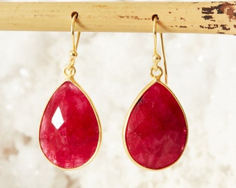 Ruby Teardrop and Gold Earrings, Red Dangly Earrings. Gemstone Drop Earrings, Red Ruby Earrings, July Birthstone Jewellery