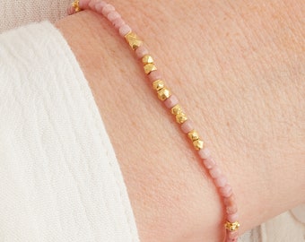 Pink Opal and Gold beaded Bracelet, Pale pink Gold Plated Friendship Bracelet, Stacking Bracelet, 18K Gold and Silver