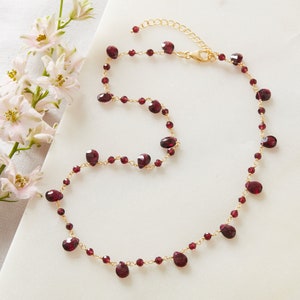 Garnet Bead Short Chain Necklace, 18K Gold Plated Sterling Silver, January Birthstone Jewellery, Red Beaded Gold Plated Necklace