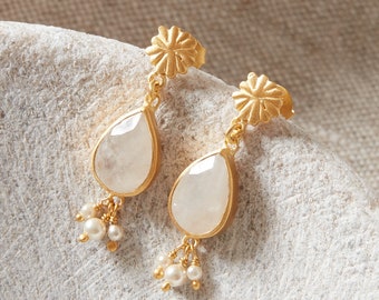 Moonstone Seed Pearl Matt Gold and Silver Drop Earrings