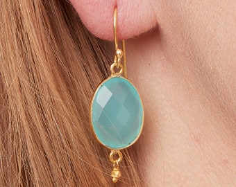 Aquamarine Chalcedony Drop Earrings, Aquamarine 18k Gold-plated Earrings, Aquamarine Gold Bead Earrings, Aquamarine Oval Gemstone Earrings