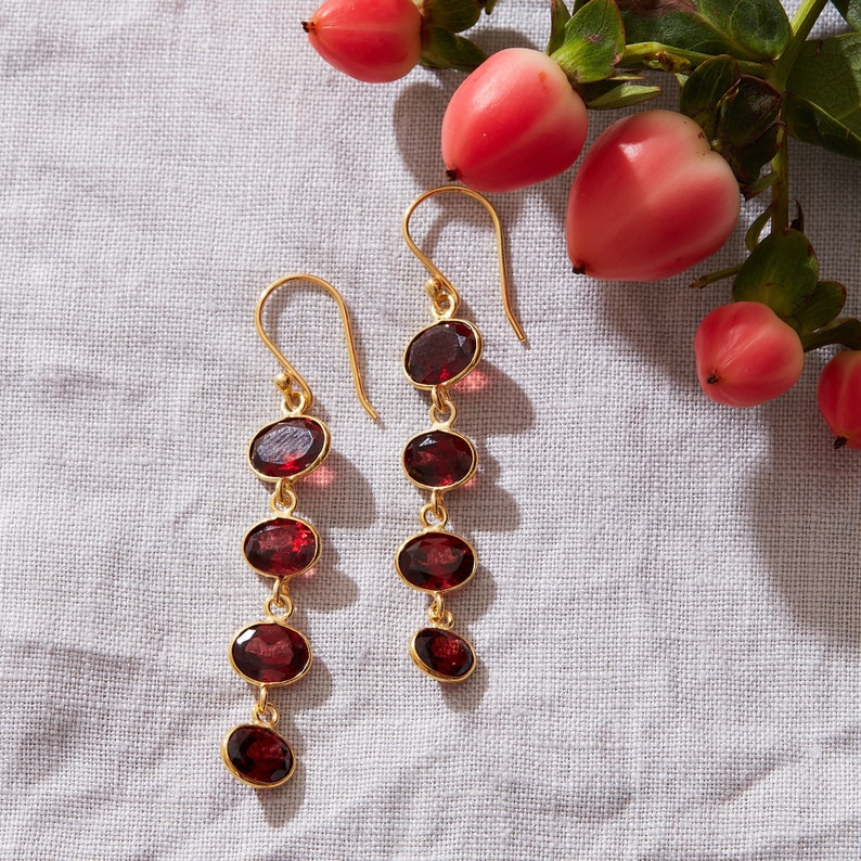 Garnet Gemstone Pebble Earrings, Red Gemstone Drop Earrings, 18K Gold and Silver, Deep Red Gemstone Long Drops Garnet