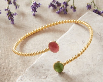 Tourmaline Two-coloured Gemstone and Gold Plated Silver Twisted Band Adjustable Bangle, Twisted Gold Bangle with Tourmaline Gemstones