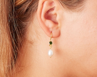 Pearl and Emerald Oval Gold Drop Earrings, 18K Gold and Silver, Pearl and Green Drops