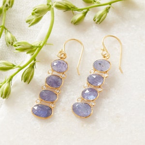 Tanzanite and Diamond Gold Plated Drop Earrings, Violet Blue Gemstone Earrings, 18K Gold Plated Sterling Silver, Statement Earrings