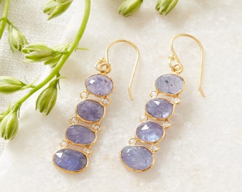 Tanzanite and Diamond Gold Plated Drop Earrings, Violet Blue Gemstone Earrings, 18K Gold Plated Sterling Silver, Statement Earrings