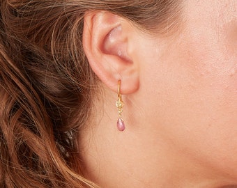 Pink Tourmaline Gold Peppercorn Dangle Drop Earrings, 18K Gold and Silver, October Birthstone