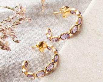 HSWE Gemstone Hoop Earrings for Women Wide Statement Beaded Hoop Earrings Copper Wire Wrapped Earrings Golden