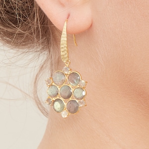 Labradorite Mandala Gemstone Earrings, Grey Iridescent Gold and Silver Earrings, Hammered Gold Earrings, Gemstone Circle Drops