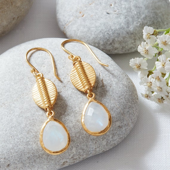 Moonstone Gold Coffee Bean Teardrop Earrings, White Gemstone Gold Earrings,  June Birthstone Earrings, Egyptian Style Gold Vermeil - Etsy