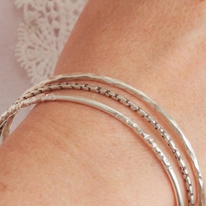 Textured Silver Skinny Stacking Bangle, Solid Silver Bangle image 7