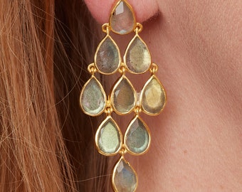 Labradorite and 18K Gold Plated Sterling Silver Stud Chandelier Earrings, Statement Earrings, Grey Large Stud Earrings, Grey Blue Earrings